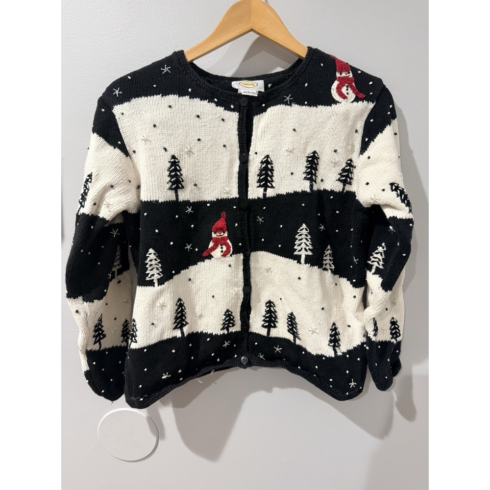 Vintage‎ Talbots Snowman Christmas Sweater Cardigan Petite Large Black White